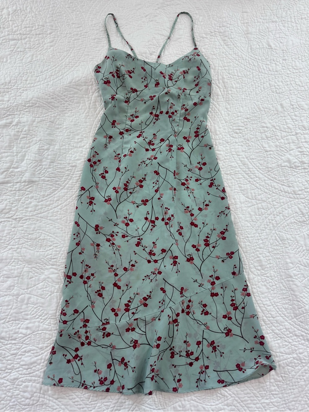 Express Teal Slip Midi Dress with Red & Pink Cherry Blossom Floral Print